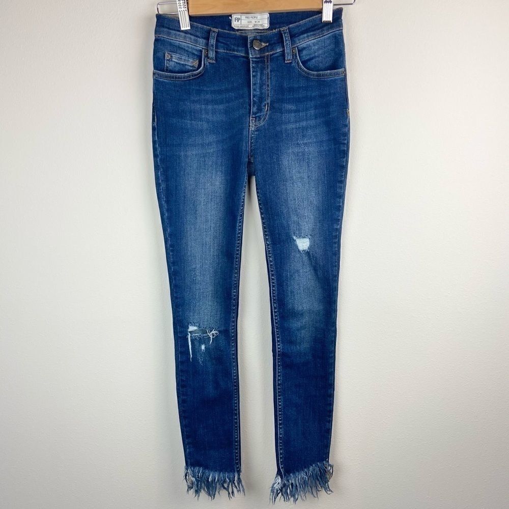 Free People Distressed Frayed Hem Skinny Jeans